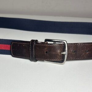Coach Men's Brown Leather Belt with Navy and Red Stripe solid brass
